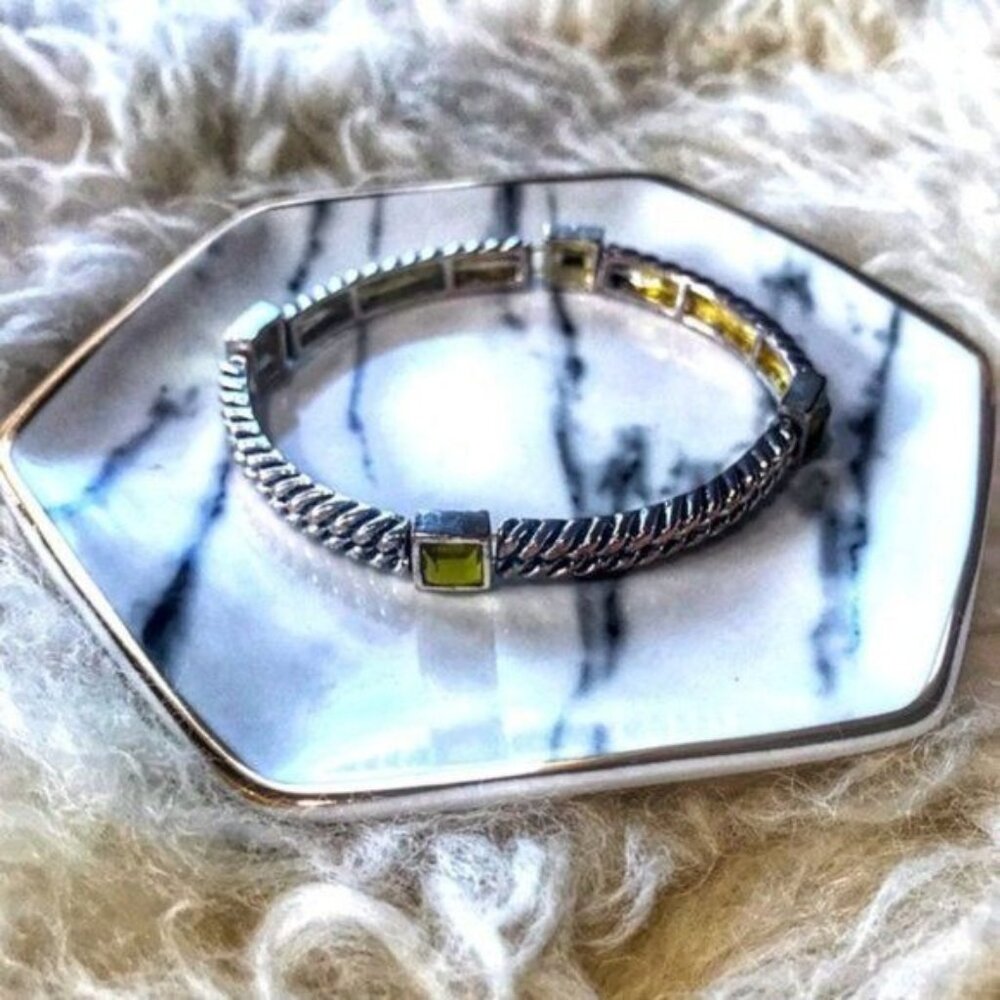 Braided‎ Silver and Green Amber Colored Square Gem Elastic Bracelet.